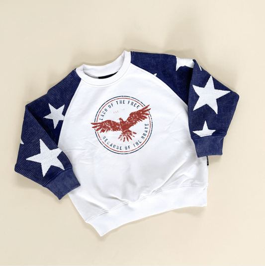 Land of the Free Child Waffle Sleeve Crewneck - Navy / White