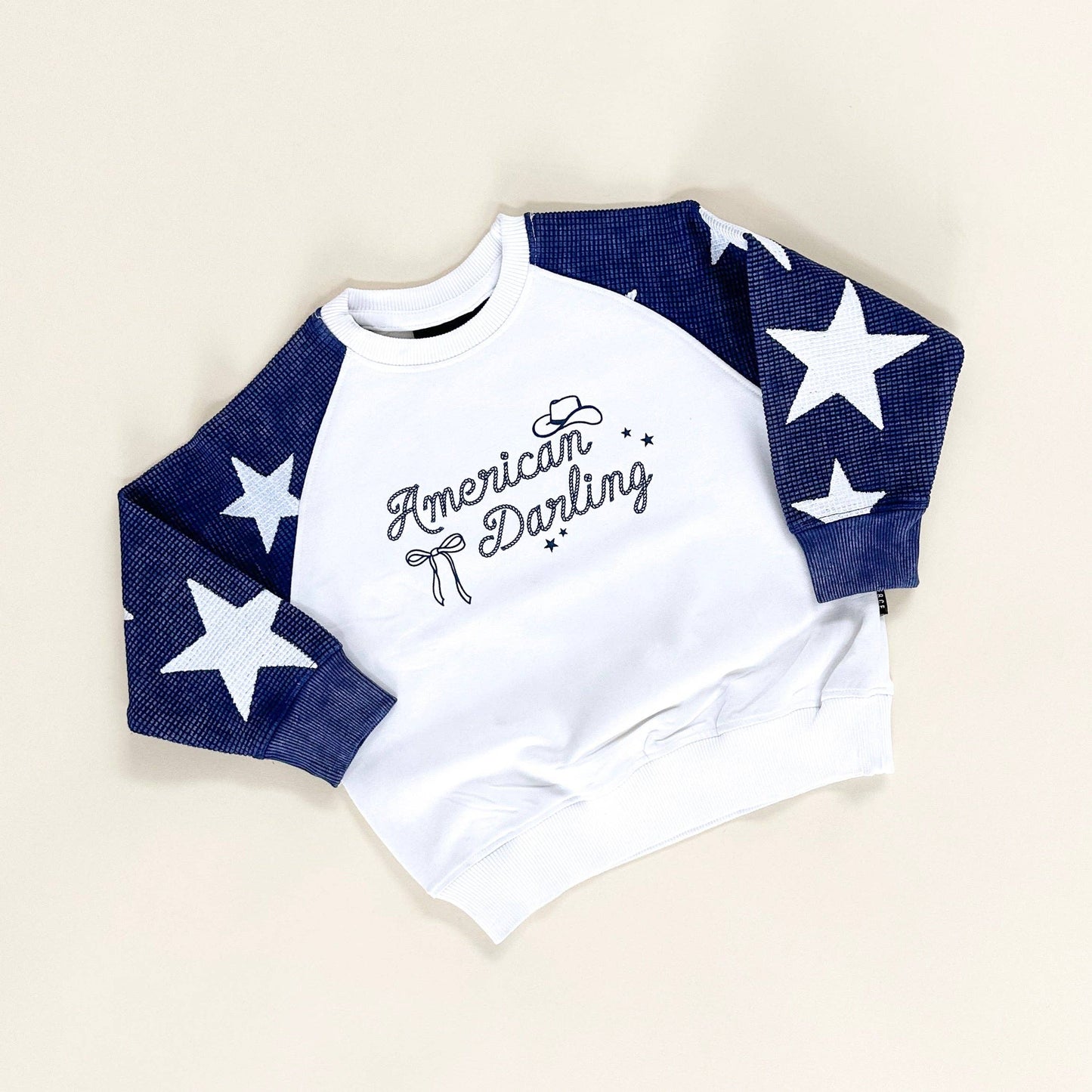 American Darling Western Child Waffle Sleeve Crewneck - Navy / White