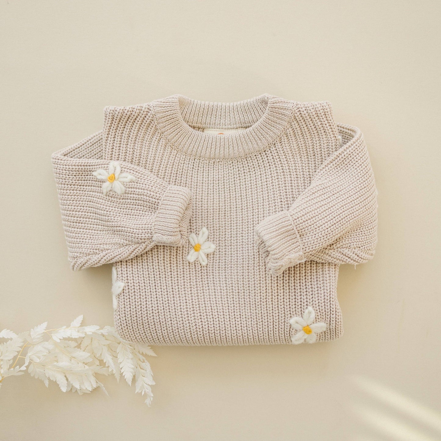 Neutral Daisy Hand Embroidered Chunky Knit Sweater for Babies & Toddlers