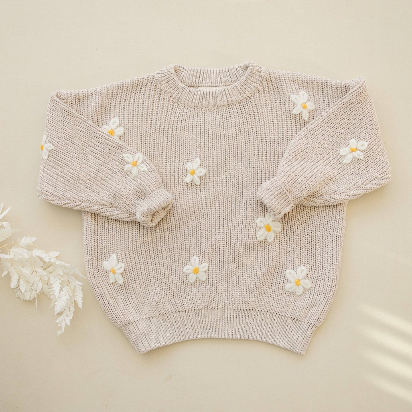 Neutral Daisy Hand Embroidered Chunky Knit Sweater for Babies & Toddlers