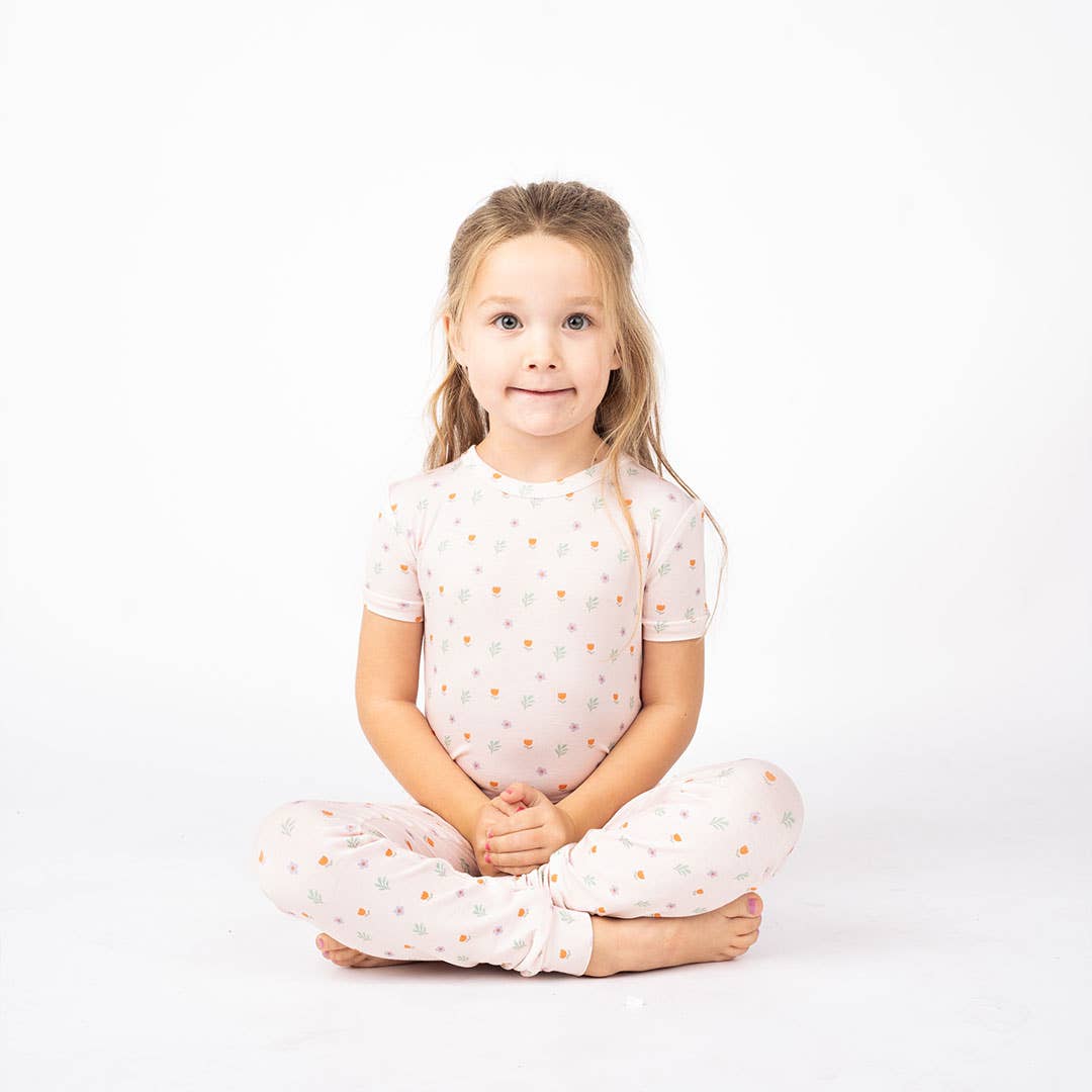 Floral Bamboo Kids Pajamas - Sweet Blooms, Short Sleeve