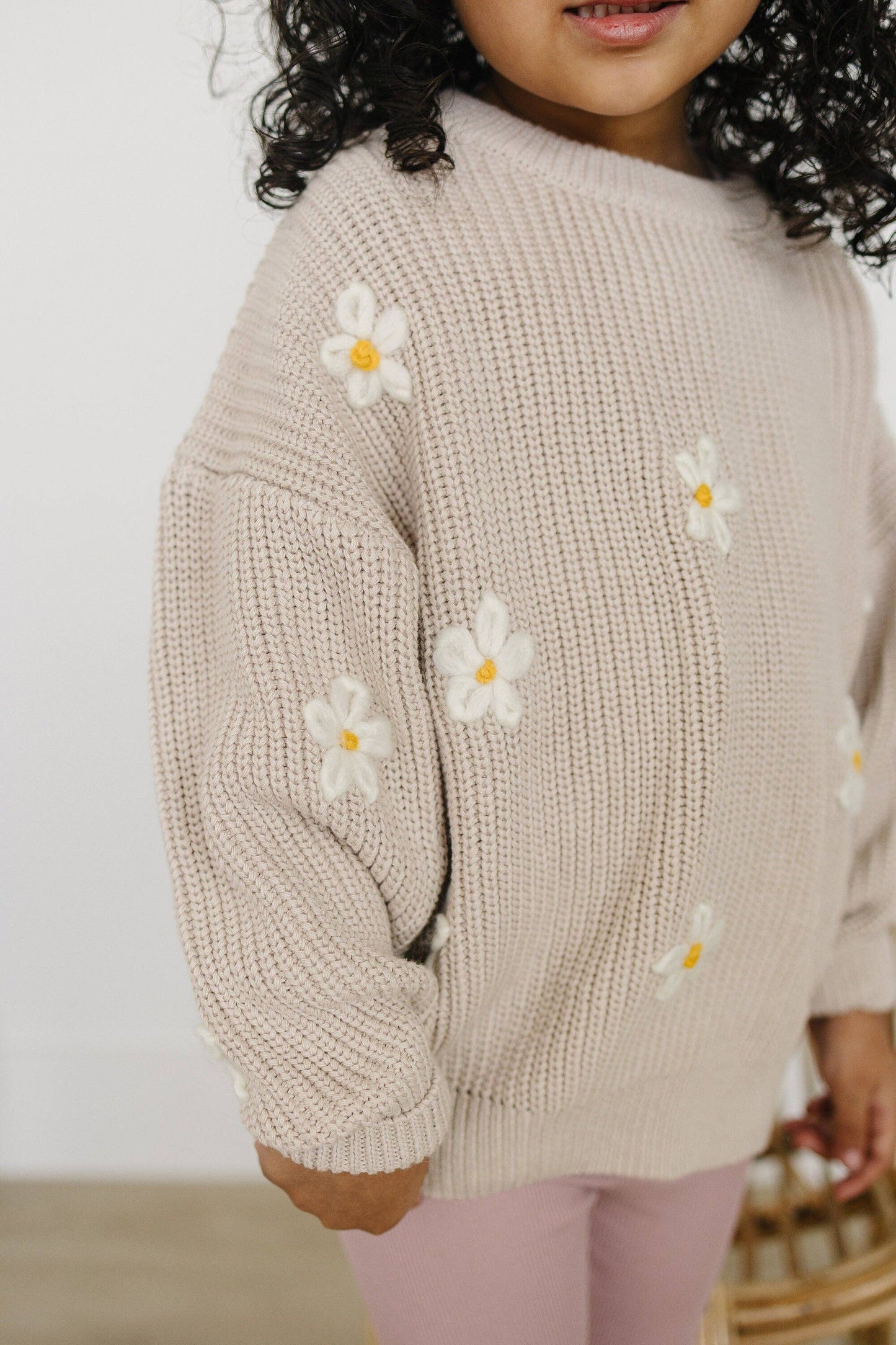 Neutral Daisy Hand Embroidered Chunky Knit Sweater for Babies & Toddlers