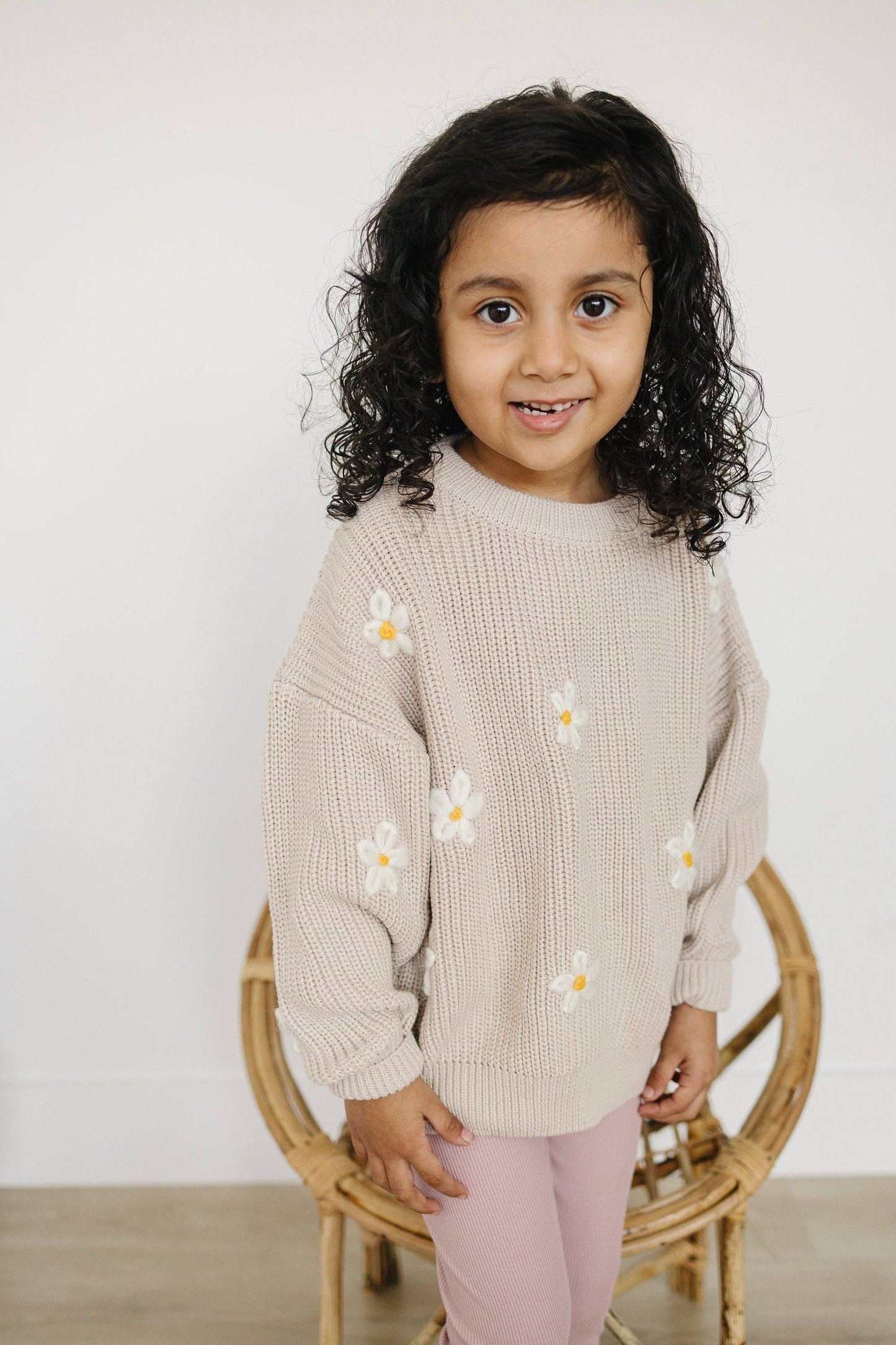 Neutral Daisy Hand Embroidered Chunky Knit Sweater for Babies & Toddlers