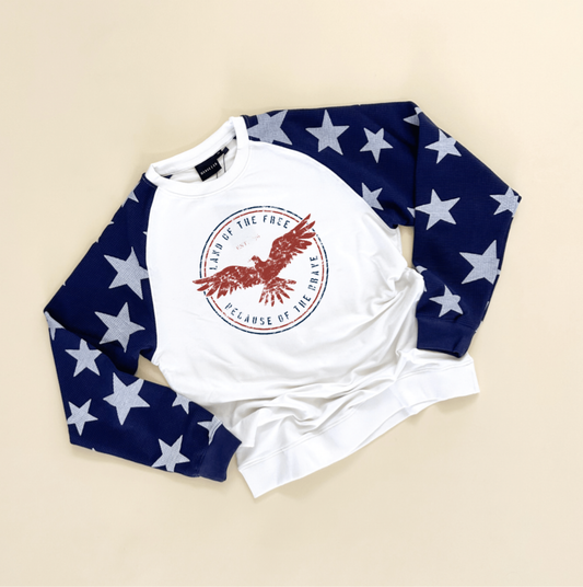 Land of the Free Adult Waffle Sleeve Star Crewneck - Navy / White