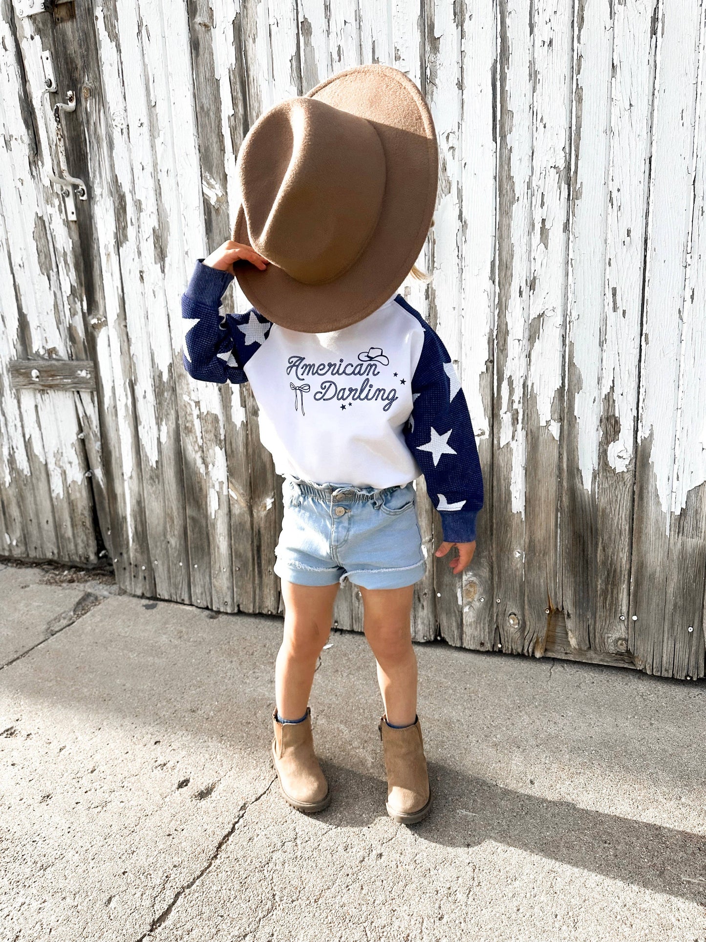 American Darling Western Child Waffle Sleeve Crewneck - Navy / White