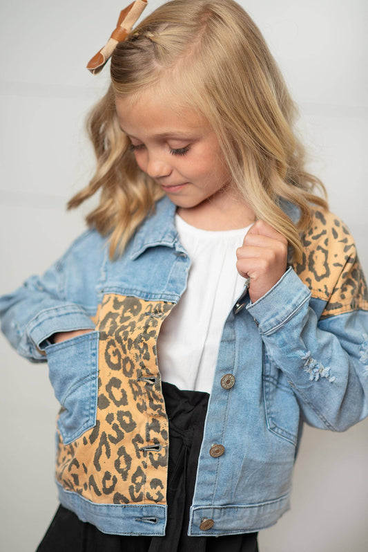 Oopsie Daisy - Kids Leopard Patch & Light Wash Denim Button Pocket Jacket