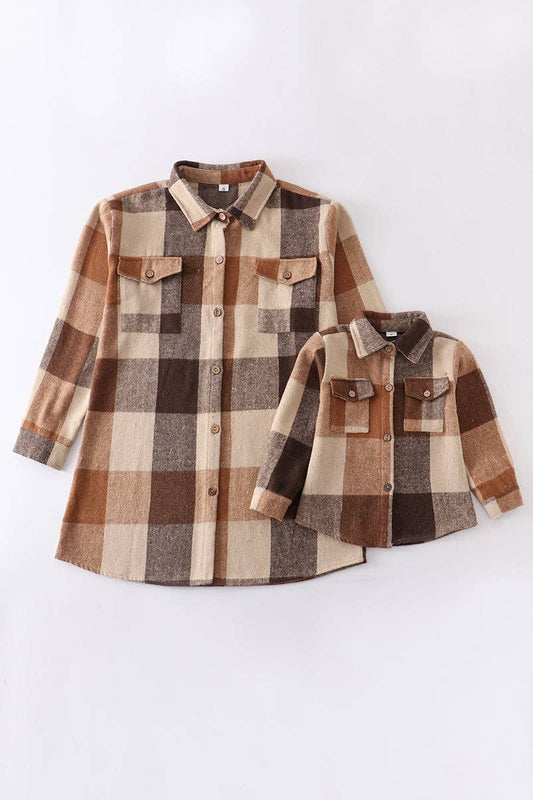 Brown & grey plaid button down mommy & me shirt: