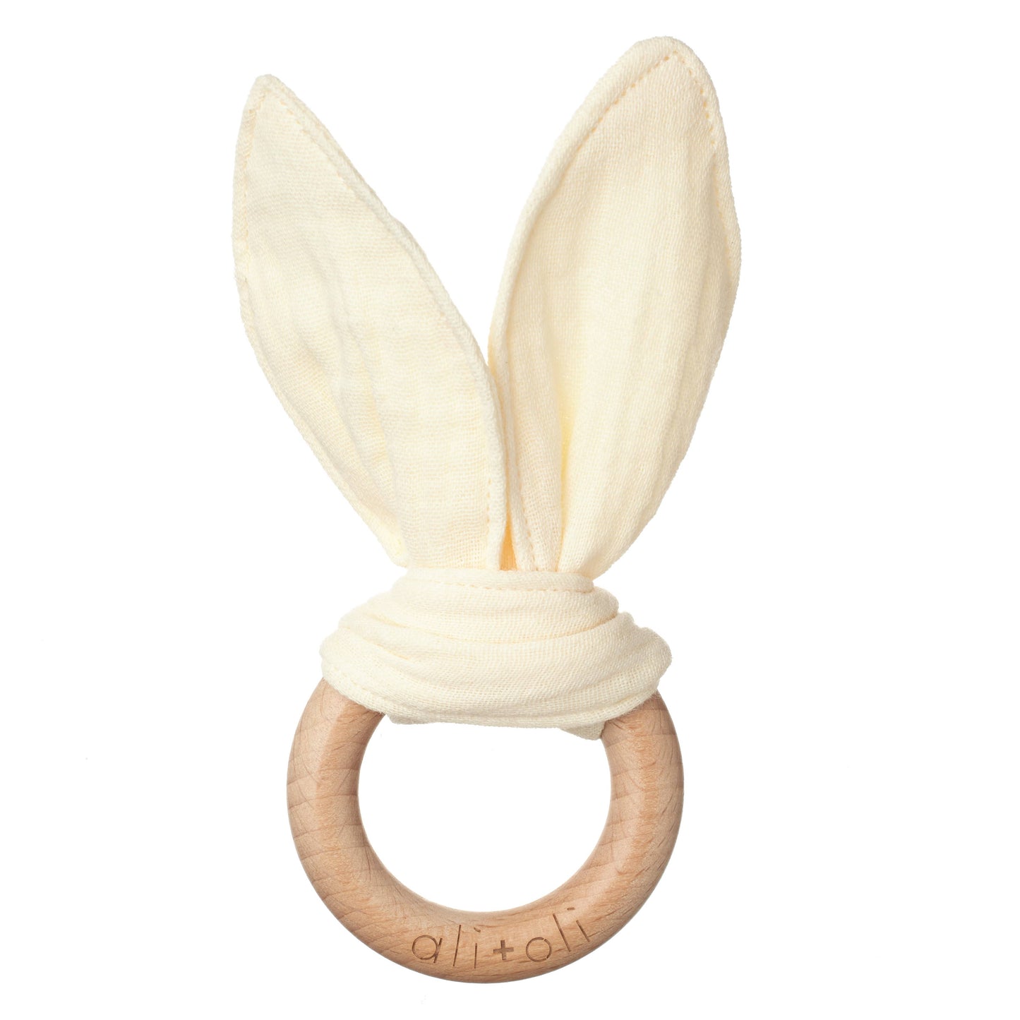 Crinkle Bunny Ears Wooden Ring Teething Toy for Baby (Beige)